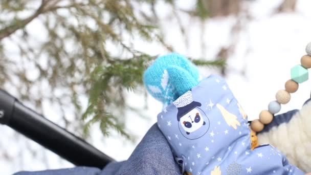 Gros plan d'une petite main d'enfant dans une promenade mitter dans une poussette à travers la forêt d'hiver — Video