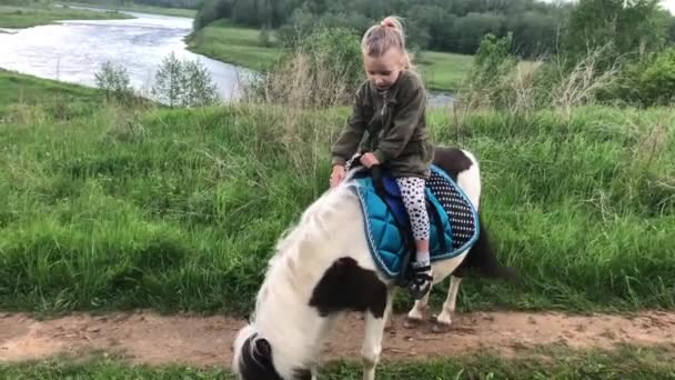 Красивая маленькая девочка учится кататься на пони летом в поле у реки в России — стоковое видео
