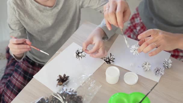 장식을 위한 가문비나무 원추형의 흰 아크릴 페인트 집의 장식. — 비디오