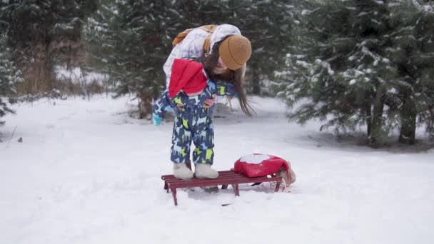 Mamá con un niño camina en el bosque de invierno con trineos y una bolsa de regalos, — Vídeos de Stock