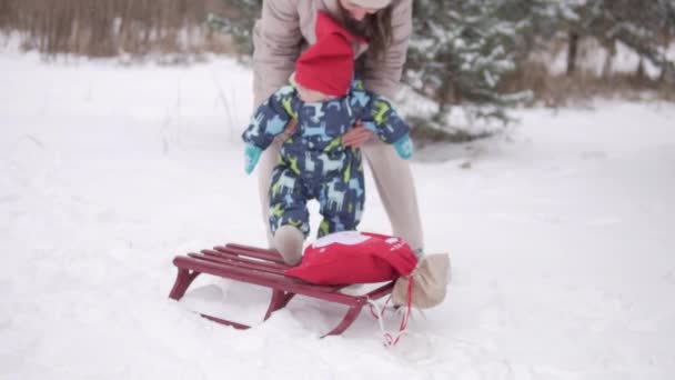 Matka spaceruje z małym dzieckiem zimą w parku w Rosji — Wideo stockowe