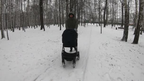 Um pai caminha com uma criança em um carrinho no inverno em um parque de neve, na Rússia — Vídeo de Stock