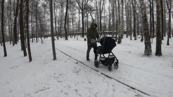 Een man loopt in het park met een kind in een kinderwagen wieg, winter, Rusland — Stockvideo