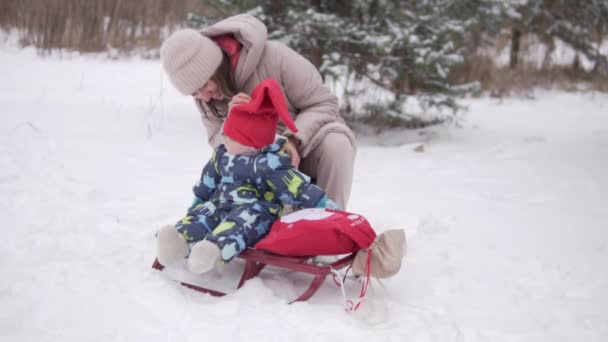 Una madre camina con su bebé en invierno en el bosque — Vídeos de Stock