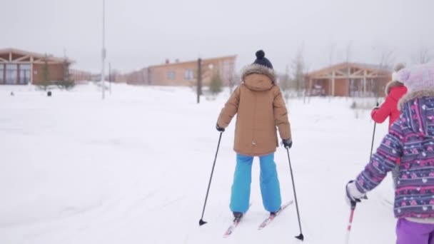 Çocuklar kışın kayak yapar, arkadan bakar. — Stok video