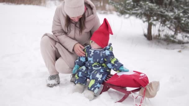 Mama wychodzi na zewnątrz w zimie z małym dzieckiem — Wideo stockowe