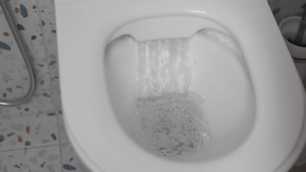 Närbild av ett vatten med papper spolning ner i toaletten skål i badrummet — Stockvideo