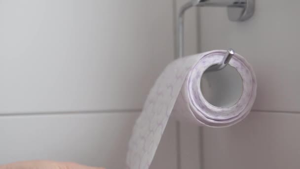 Una mano de mujer arranca un pedazo de papel higiénico de un rollo que cuelga en el baño — Vídeos de Stock