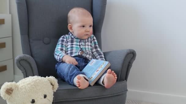 Симпатичный малыш в футболке сидит в детском кресле с книжкой с картинками — стоковое видео