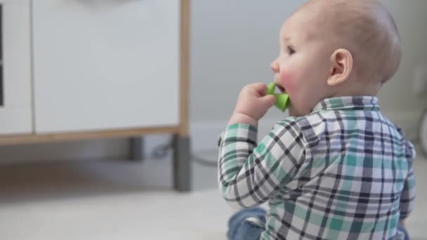 Malé dítě sedí na podlaze a olizuje plastovou hračku — Stock video