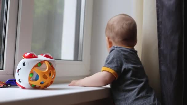 Ein süßes kleines Kind spielt im Spielzeug am Fenster — Stockvideo