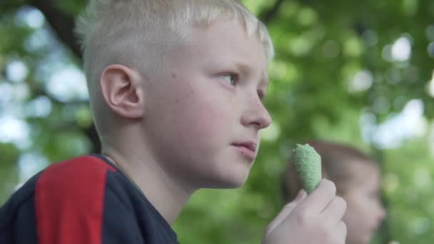 Beau garçon blond mangeant de la crème glacée dans une corne de gaufre dans le parc sur un banc dans le parc — Video