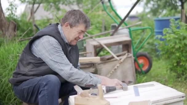 Egy idős ember házat épít a méheknek nyáron. — Stock videók