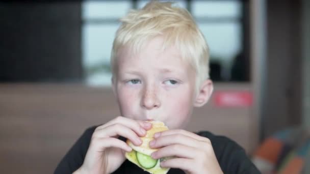 Un ragazzo mangia un panino con un ramo e formaggio in un caffè — Video Stock