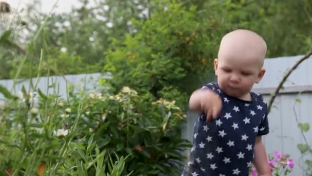 Divertido niño camina en el verano en el parque, el niño huele la flor, winces y lo tira — Vídeos de Stock