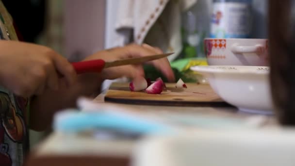 Una mujer corta rábanos para ensalada en verano — Vídeos de Stock