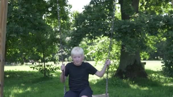 Um menino loiro bonito monta um balanço no verão em um parque verde — Vídeo de Stock