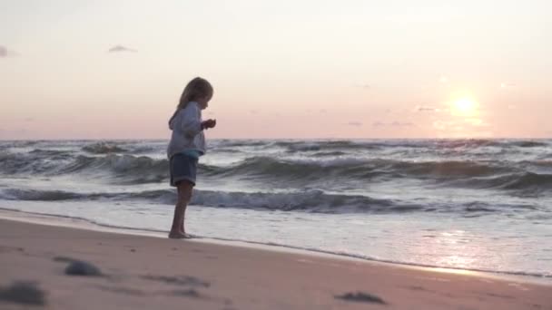 Mała dziewczynka spaceruje latem po piaszczystej plaży o zachodzie słońca. — Wideo stockowe