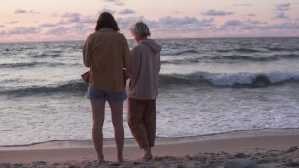İki kadın gün batımında denizin kenarında durur. — Stok video