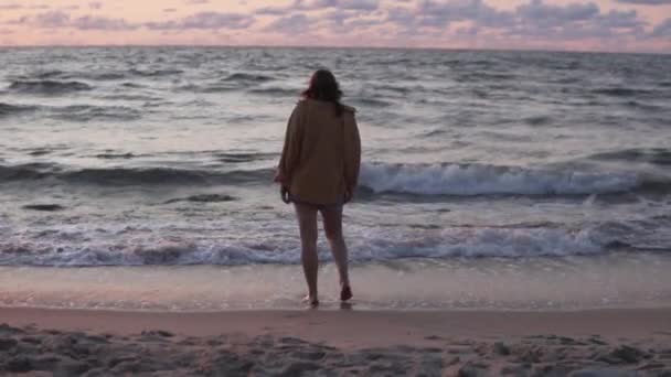 Utsikt från baksidan, står en kvinna vid havet vid solnedgången på sommaren — Stockvideo