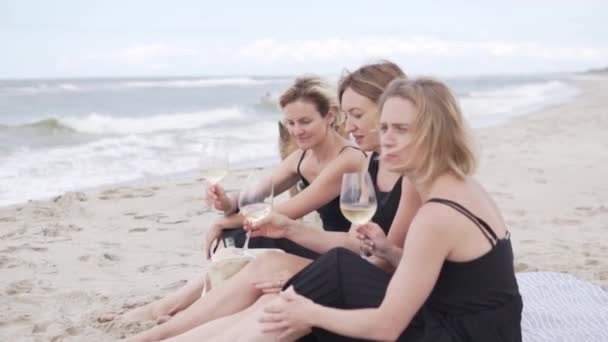 Frauen trinken Wein am Strand, — Stockvideo