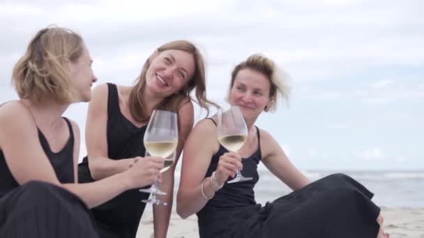 Ευτυχισμένοι φίλοι μιας γυναίκας με ποτήρια λευκό κρασί κάθονται το καλοκαίρι στην παραλία δίπλα στη θάλασσα — Αρχείο Βίντεο