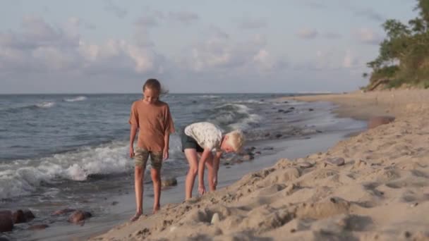 Ένα αγόρι και ένα κορίτσι περπατούν στην παραλία δίπλα στη θάλασσα το καλοκαίρι.. — Αρχείο Βίντεο