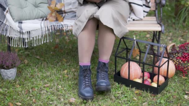 Κοντινό πλάνο των γυναικείων ποδιών σε παγκάκια το φθινόπωρο τοπίο. — Αρχείο Βίντεο