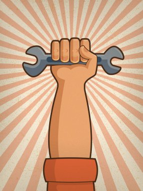 İşçi Bayramı 'nın Vektör İllüstrasyonu konsepti ve retro arka planda ingiliz anahtarı..