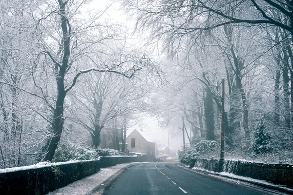 Casa no final do túnel feita por árvores cobertas de neve na Inglaterra rural — Fotografia de Stock