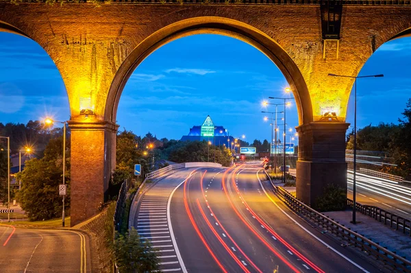 Railway viaduct over motorway — Stock Photo, Image