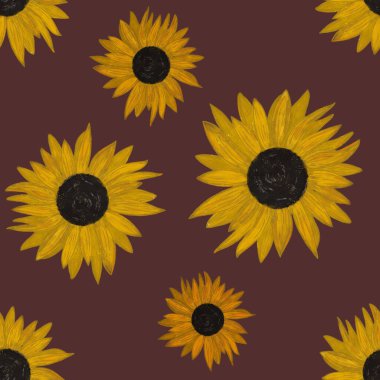 El çizimi ay çiçeklerinin koyu kırmızı arka planda pürüzsüz deseni. Utensil, çatal bıçak, mutfak, ambalaj, sofra takımı, kumaş, duvar kağıdı, tekstil tasarımı