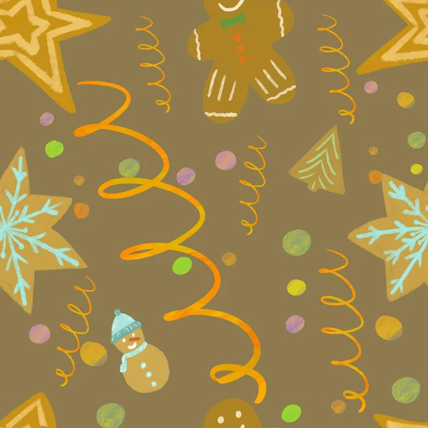 Плавный Узор Имбирным Печеньем Рождественских Форм Золотая Мишура Змея Коричневом — стоковое фото