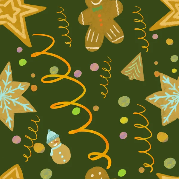 Seamless Pattern Ginger Biscuits Christmas Shapes Golden Tinsel Serpentine Dark — Stock Photo, Image