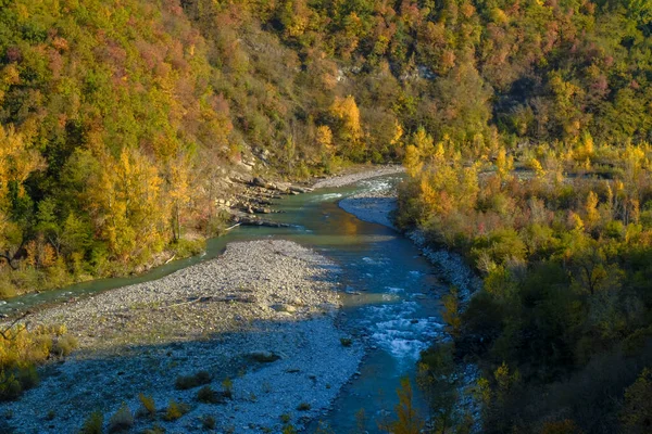 Fjällälven Över Höstskogen Vattenreflektioner Höstens Natur Bakgrund — Stockfoto