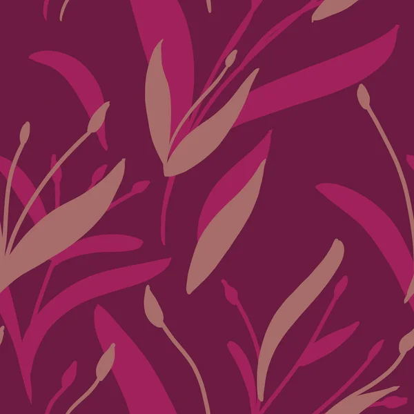紫色の背景に手描きのピンクとベージュの植物とシームレスなパターン エレガントなリネン テキスタイルデザイン — ストック写真
