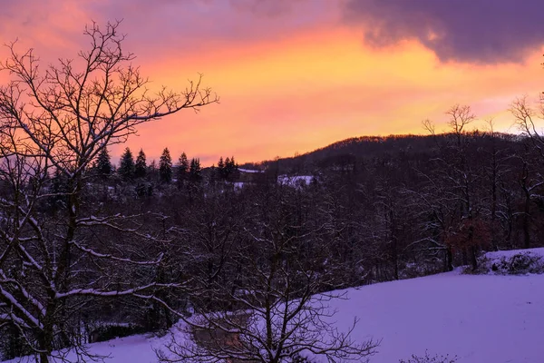 Kışın, karlı ormanın ve dağların manzarası, dağlarda yol güzel günbatımında.. 