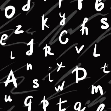 Siyah arkaplanda beyaz el yazısıyla yazılmış kusursuz desen. Yazdırma, paketleme, kırtasiye, paketleme, okul tasarımı