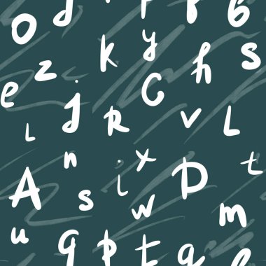 Kusursuz desenli, mavi arkaplanda beyaz el yazısıyla yazılmış alfabe. Yazdırma, paketleme, kırtasiye, paketleme, okul tasarımı