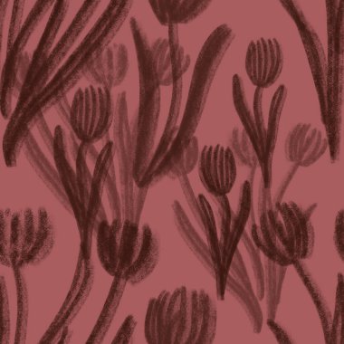 Kırmızı arka planda yapraklı laleler çizen kalem. Kusursuz desen. Yazdırma, paketleme, kumaş, tekstil, mutfak tasarımı