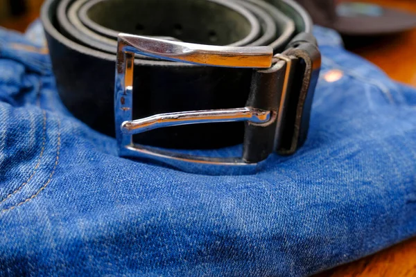 Blue Jeans Leather Black Belt Metal Silver Colored Buckle Close — Stock Photo, Image
