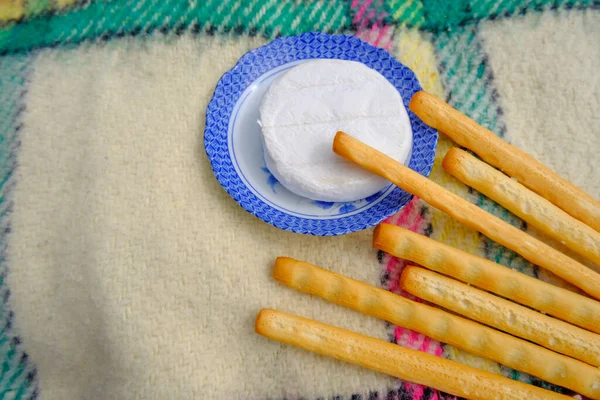 Brie Cheese Plate Close Breadsticks Checkered Plaid Picnic Park — Stock Photo, Image