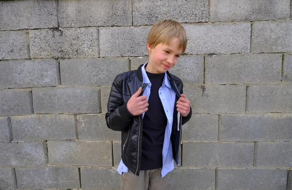 Cute Blond Boy Stylish Shirt Black Leather Jacket Gray Brick — Stock Photo, Image