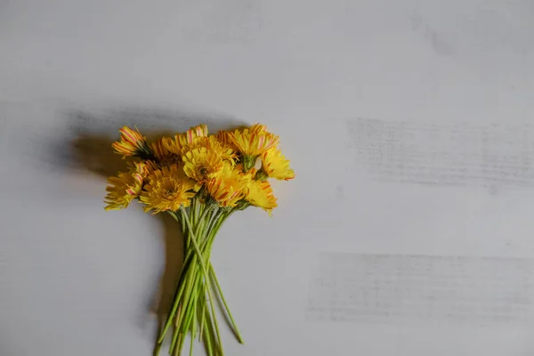 yellow wildflowers bouquet on white background. Top view. Copy space. Floral mock-up. Card, Mother\'s day, 8 March