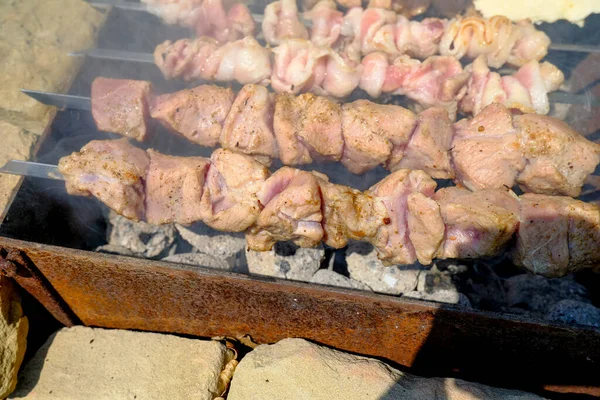 Carne Grelha Close Fumaça Grelhar Carne Livre Temporada Churrasco — Fotografia de Stock