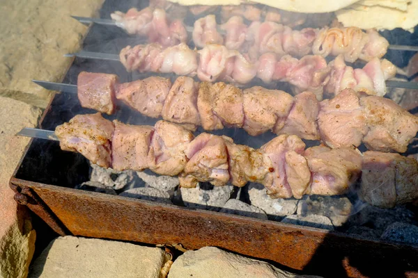 Carne Grelha Close Fumaça Grelhar Carne Livre Temporada Churrasco — Fotografia de Stock