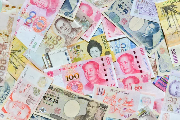 Mezinárodní měna, Rmb, jenu, vyhrál, Baht, Singapur dolar, dolar Hongkongu — Stock fotografie