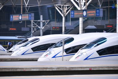 Tianjin Railway Station for high-speed trains. Hexiehao is a bullet train of CRH (China Railway High-speed). clipart