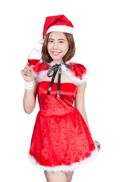 Söt asiatisk tjej i Santa kostym för jul på vit bakgrunds — Stockfoto