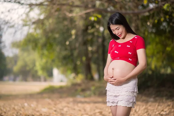 Imagen de una mujer embarazada tocándose el vientre con las manos — Foto de Stock